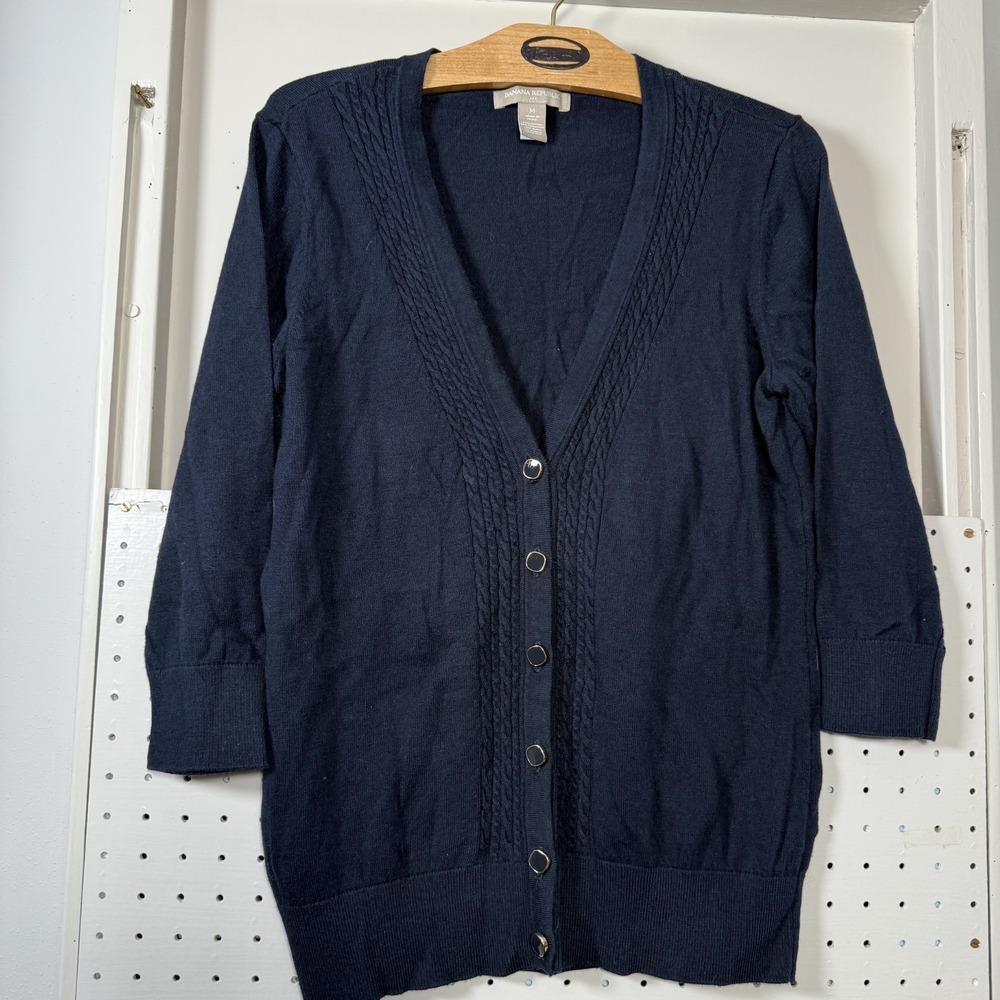 Banana Republic Cardigan Women's Medium Navy Knit Ribbed Hem & Cuff Button Front